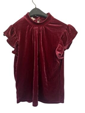 4/$25*OLIVE + OAK Burgundy Velvet Mock Neck Ruffle Sleeve Blouse Women's S